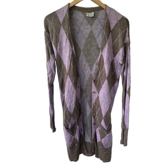 Plenty By Tracy Reese Brown Lavender Argyle Button Down Duster Long Cardigan S - Picture 1 of 9